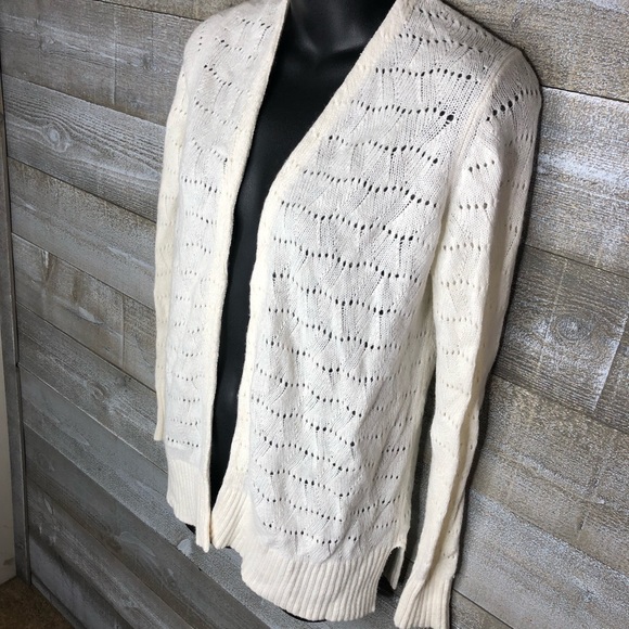 Ann Taylor Loft cream laser cut part wool open front cardigan sweater - Picture 3 of 5